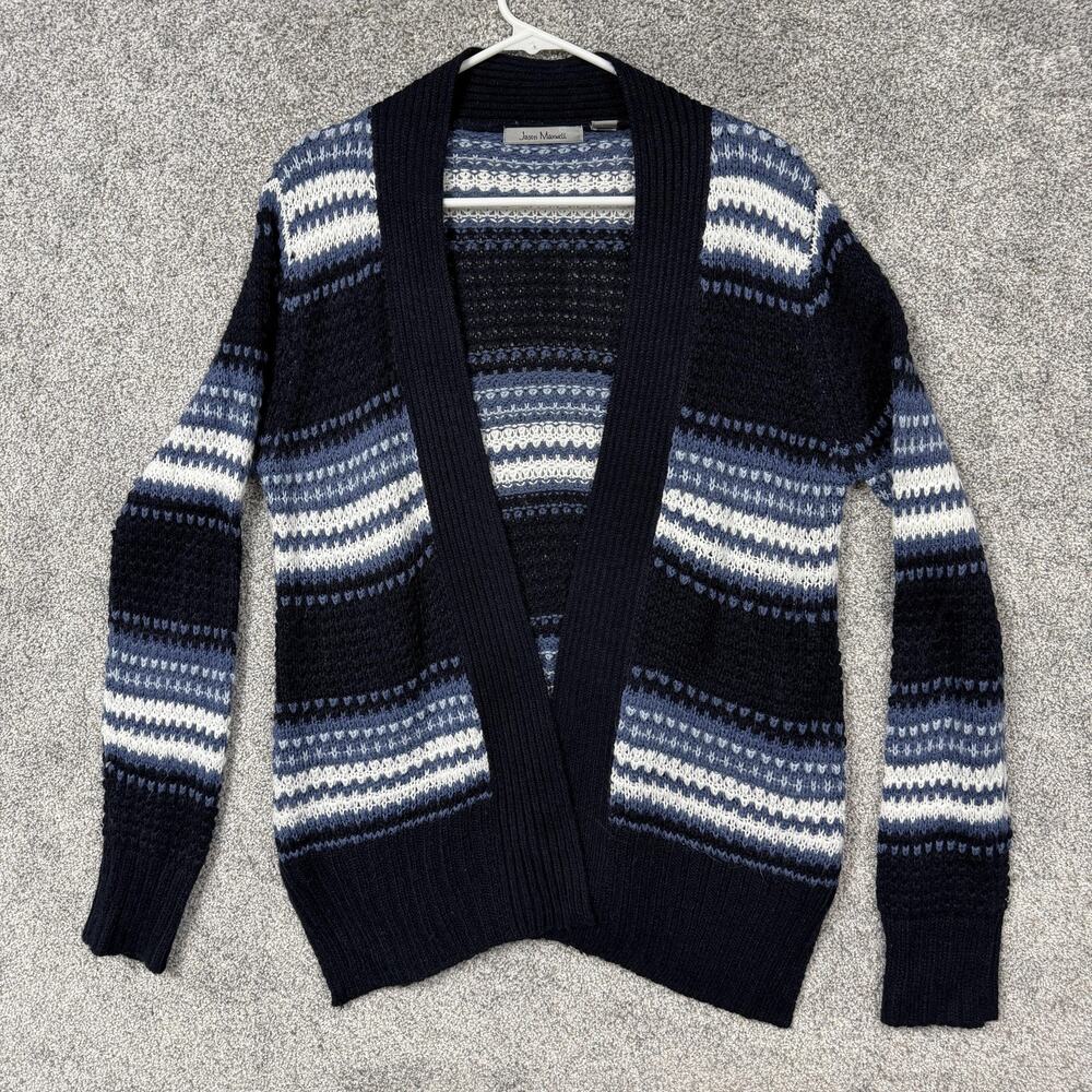 Jason Maxwell Cardigan Sweater Women Small Blue Striped Open Knit Boho Cabincore